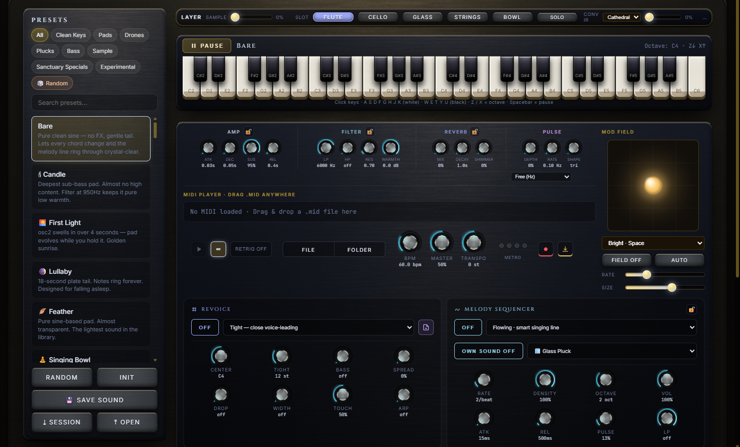The Sanctuary ambient synthesizer interface — keyboard, melody sequencer, revoicer, orb mod field and FX